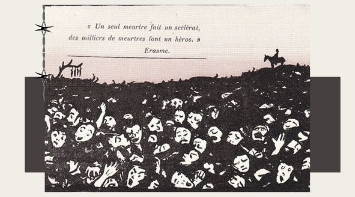carte postale colorisée de Félix Vallotton avec une citation d'Erasme sur la guerre