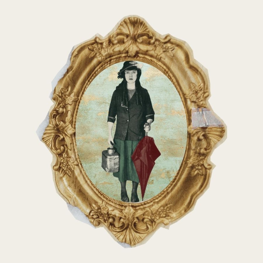 collage : dans un cadre, une femme légèrement colorisée avec un chapeau, une valise et un parapluie nous regarde